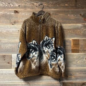 Vintage Wolf Plush Fleece Graphic Zip Jacket Size Large Made in USA